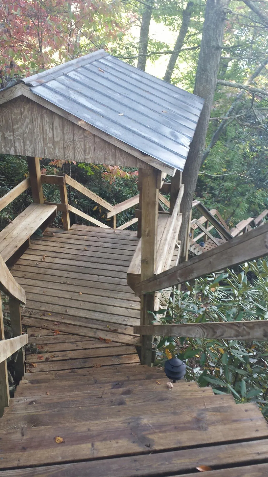 Metal roofed shelter over wooden steps on a wooded walkway — Skylight Repair & Installation work by our crew in Woodman